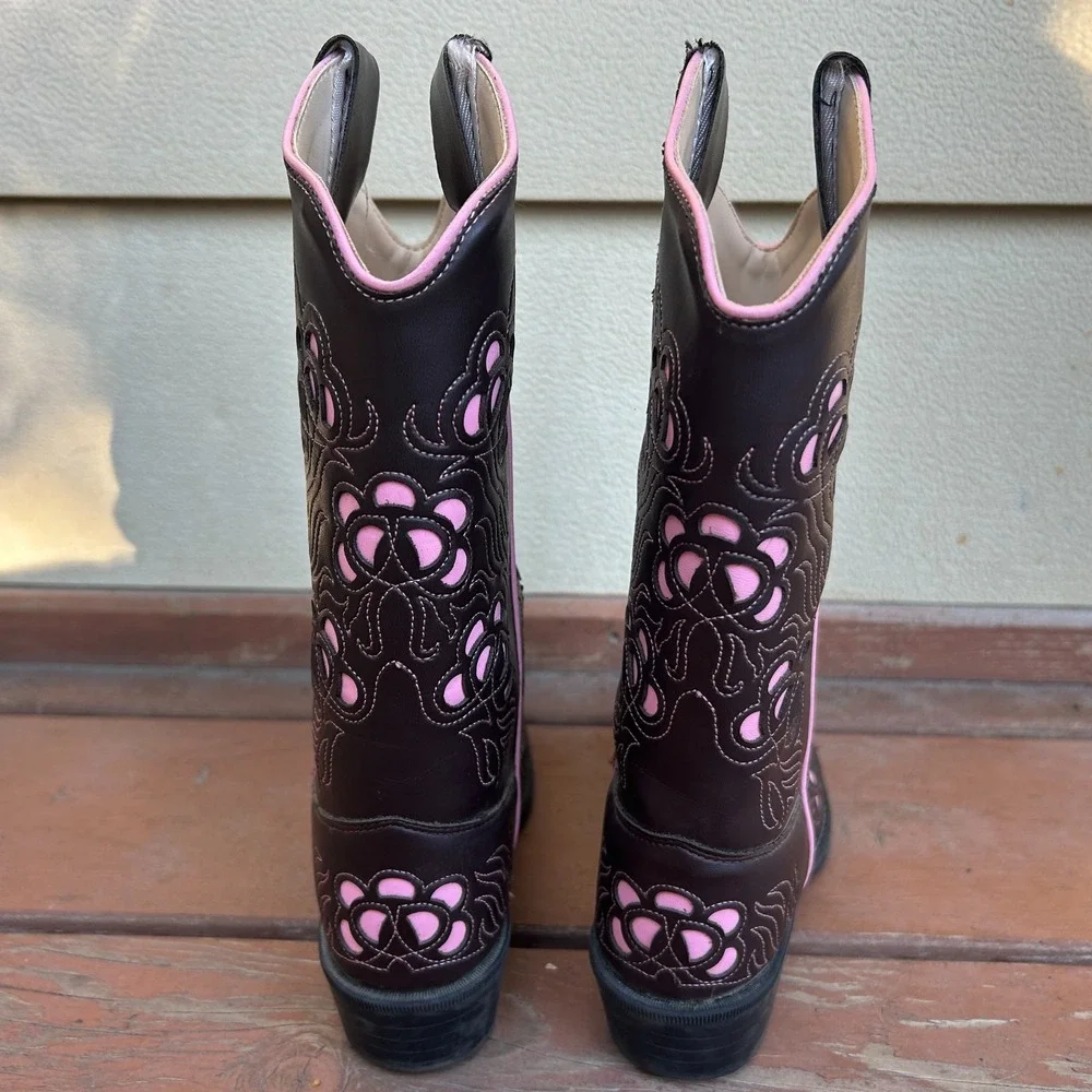 Old West Kids Western Cowboy Boots Brown Pink Rodeo Cut Out Flowers Size 2.5